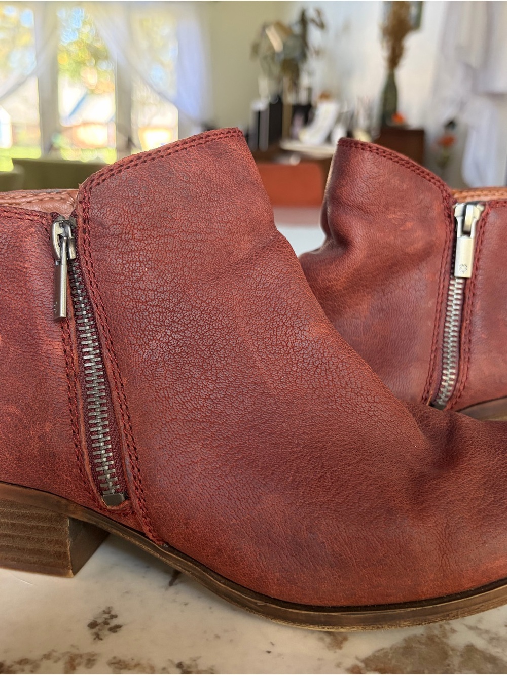 Lucky brand Women's Leather Ankle Boots - Red Brown Zipper Booties